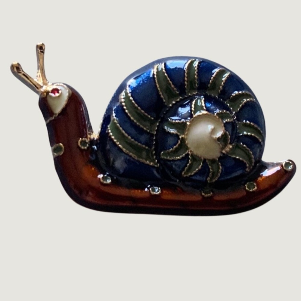 Vintage Enamel Snail Brooch Blue Gold Tone Rhinestone Faux Pearl Garden Pin